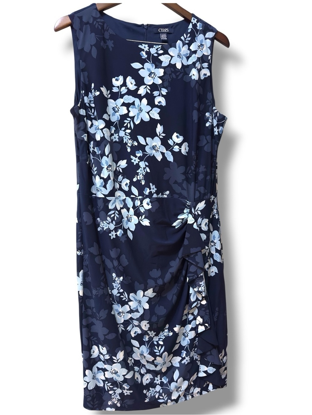Chaps | NWOT Navy Floral Ruched Ruffle Sleeveless Twist-Detail Sheath Dress (XL) - Picture 2 of 14